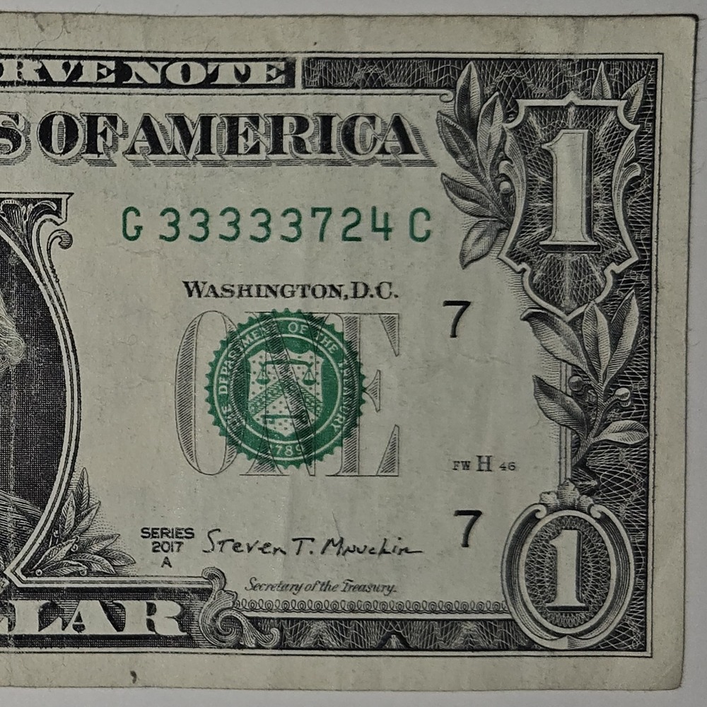 5 IN-A-ROW 2017A One Dollar Bill Fancy Serial Number G33333724C (B269)